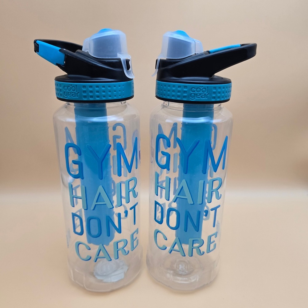 Cool Gear Gym Hair Don't Care 32oz Water Bottle with Freezer Stick Blue Set of 2
